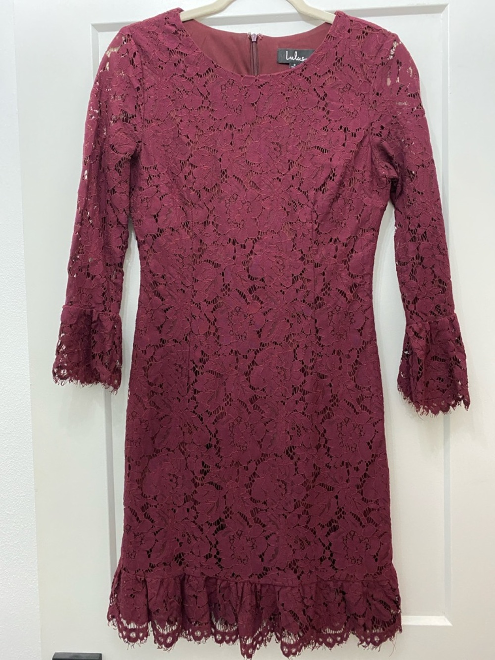 Lulu's Wine Lace Sheath Dress with Scalloped Hem